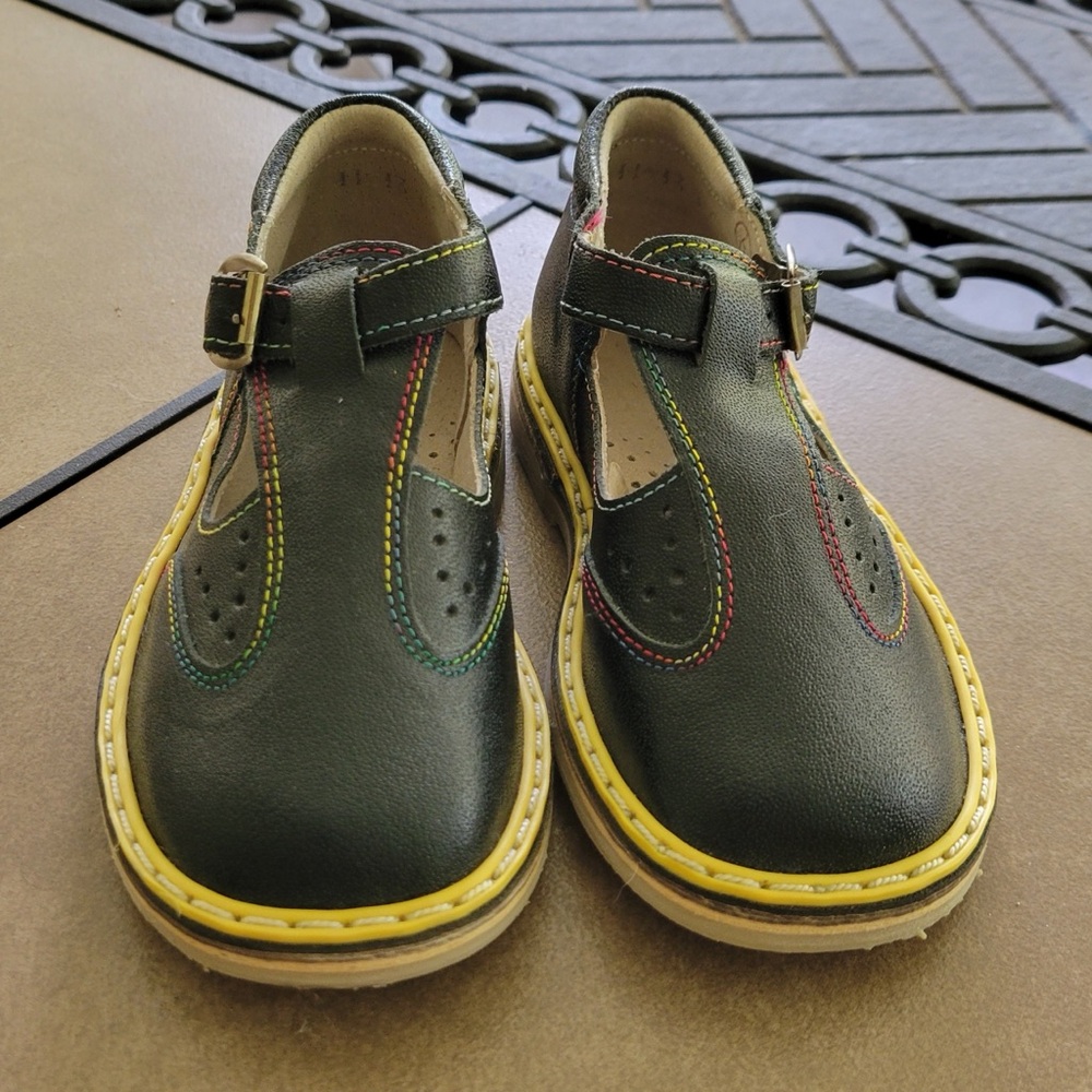 Vintage Children's MaryJane Black Leather with red/green/yellow stitching, Sz 3